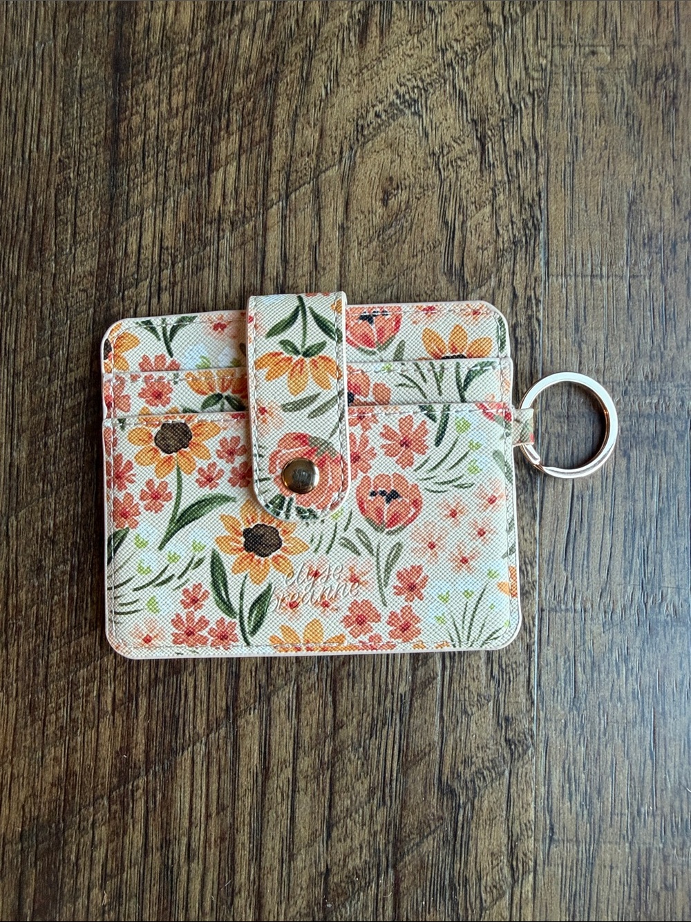 Elyse Breanne Floral Snap Card Holder Keyring in White with Coral,Orange & Green